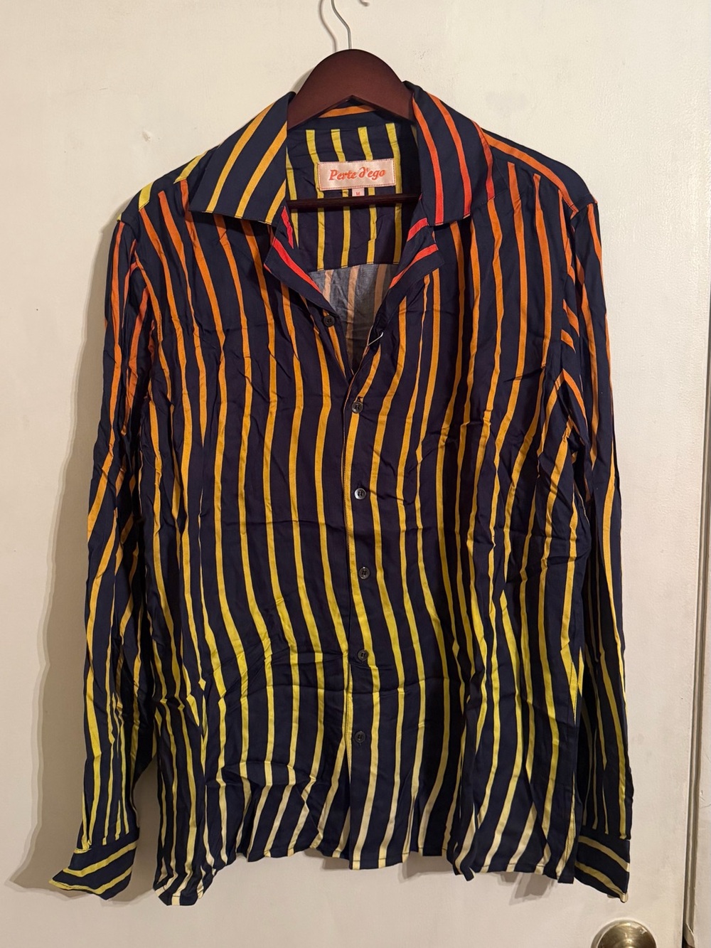 Perte D’ego NWT Navy Striped Modal Shirt with Yellow & Orange Stripes